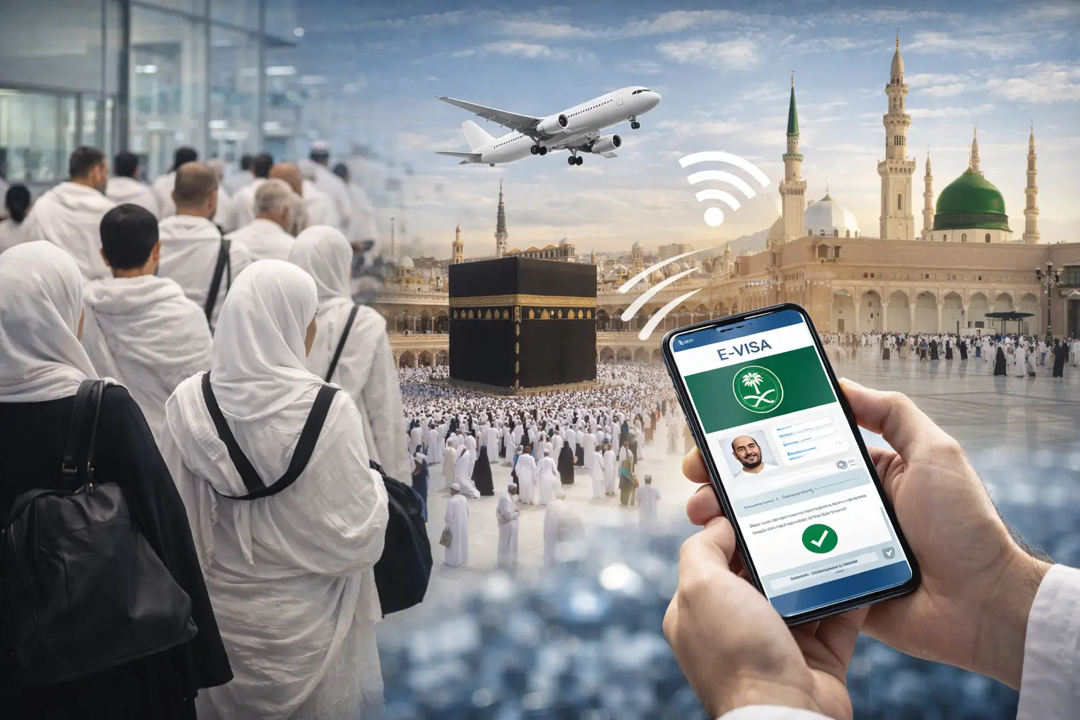 معتمرون في المطار بعد الحصول على تأشيرة العمرة الإلكترونية بعد استيفاء خطوات استخراجها وصورة للكعبة المشرفة والمسجد النبوي